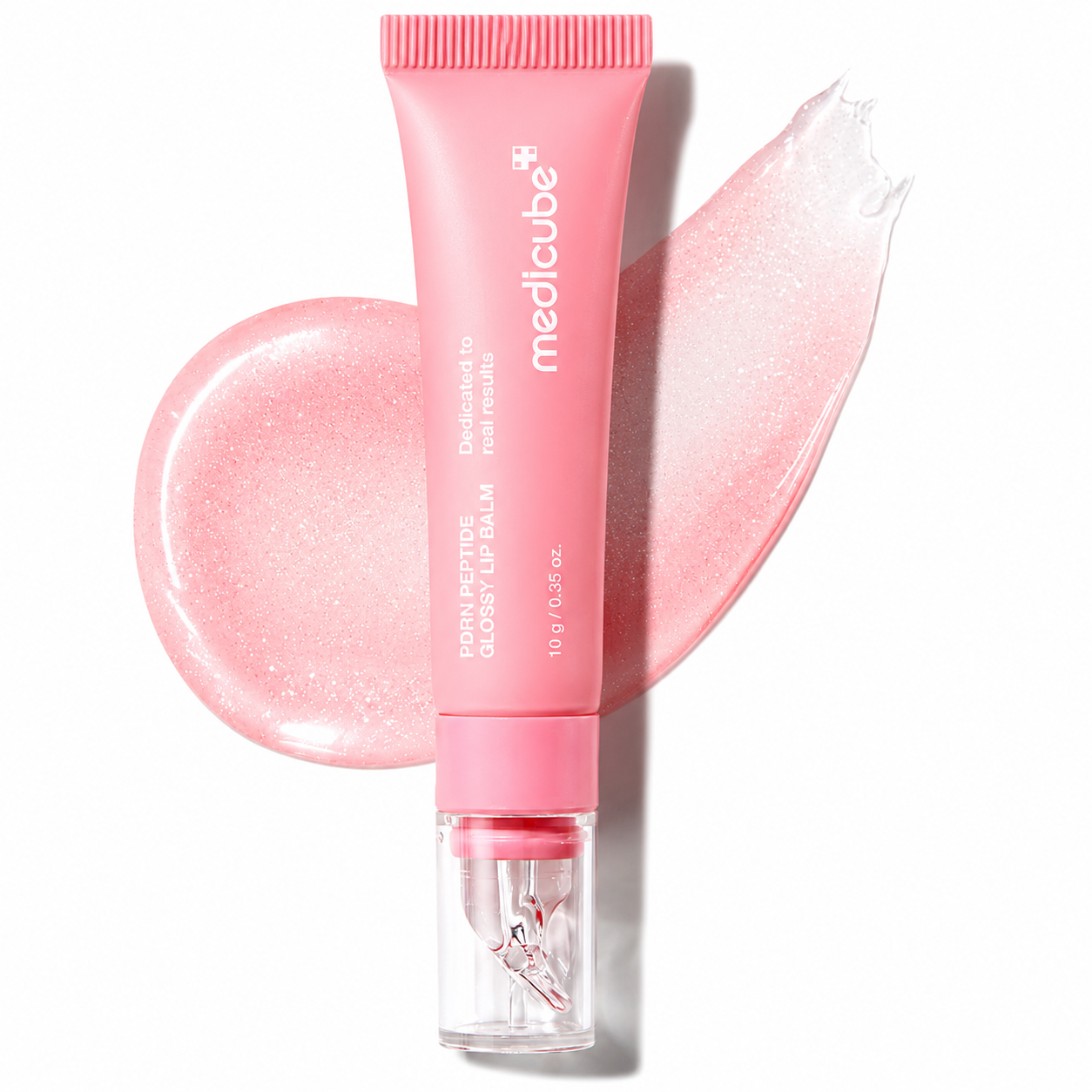 Close-up of the glossy pink PDRN peptide lip balm texture