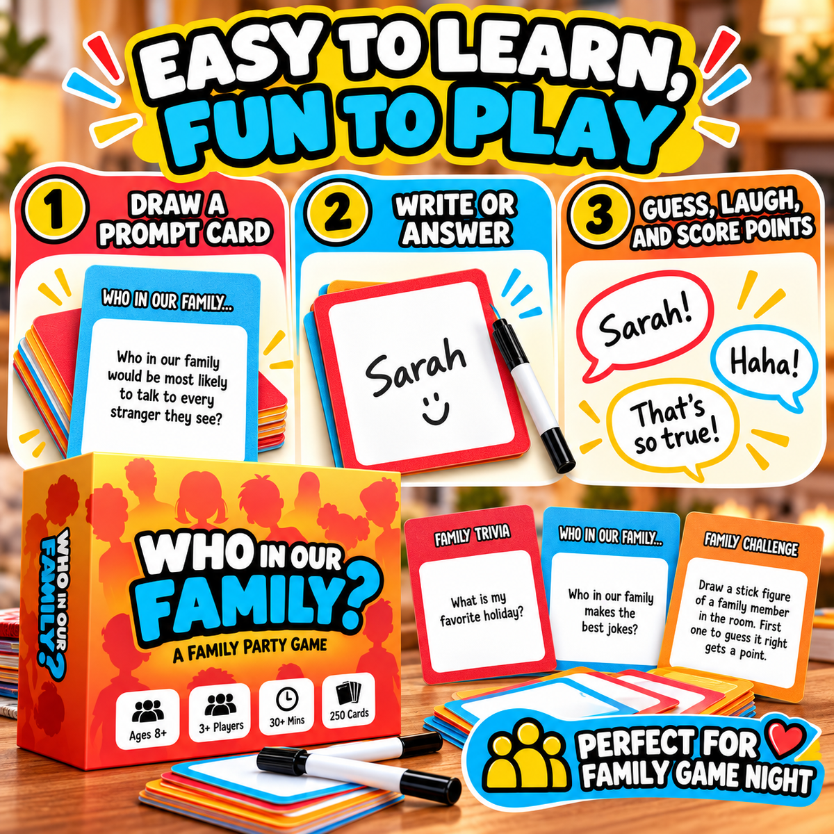 How to play Who In Our Family party game draw a prompt card write or answer guess laugh and score points