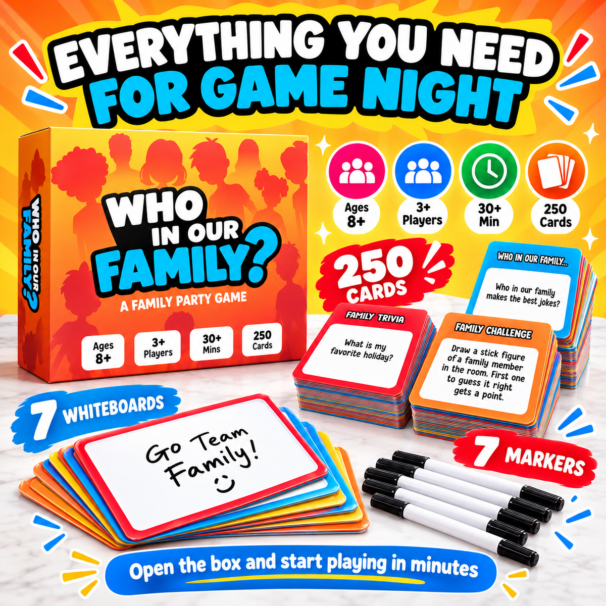 Who In Our Family game night set with 250 cards 7 whiteboards and 7 markers