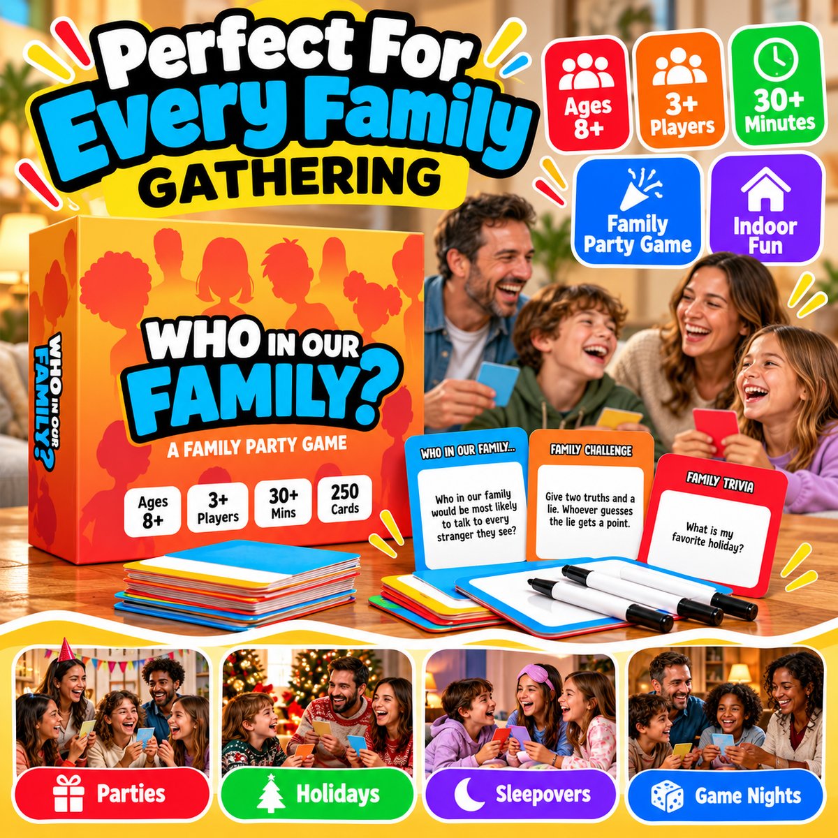 Who In Our Family party game for parties holidays sleepovers and game nights