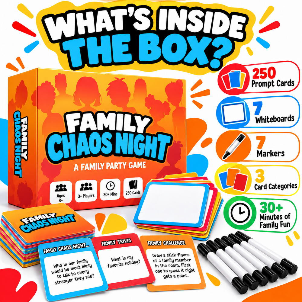Family Chaos Night set with 250 cards, 7 whiteboards and 7 markers