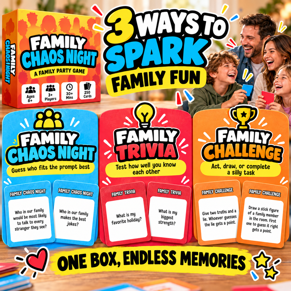 Family Chaos Night guessing cards, Family Trivia and Family Challenge
