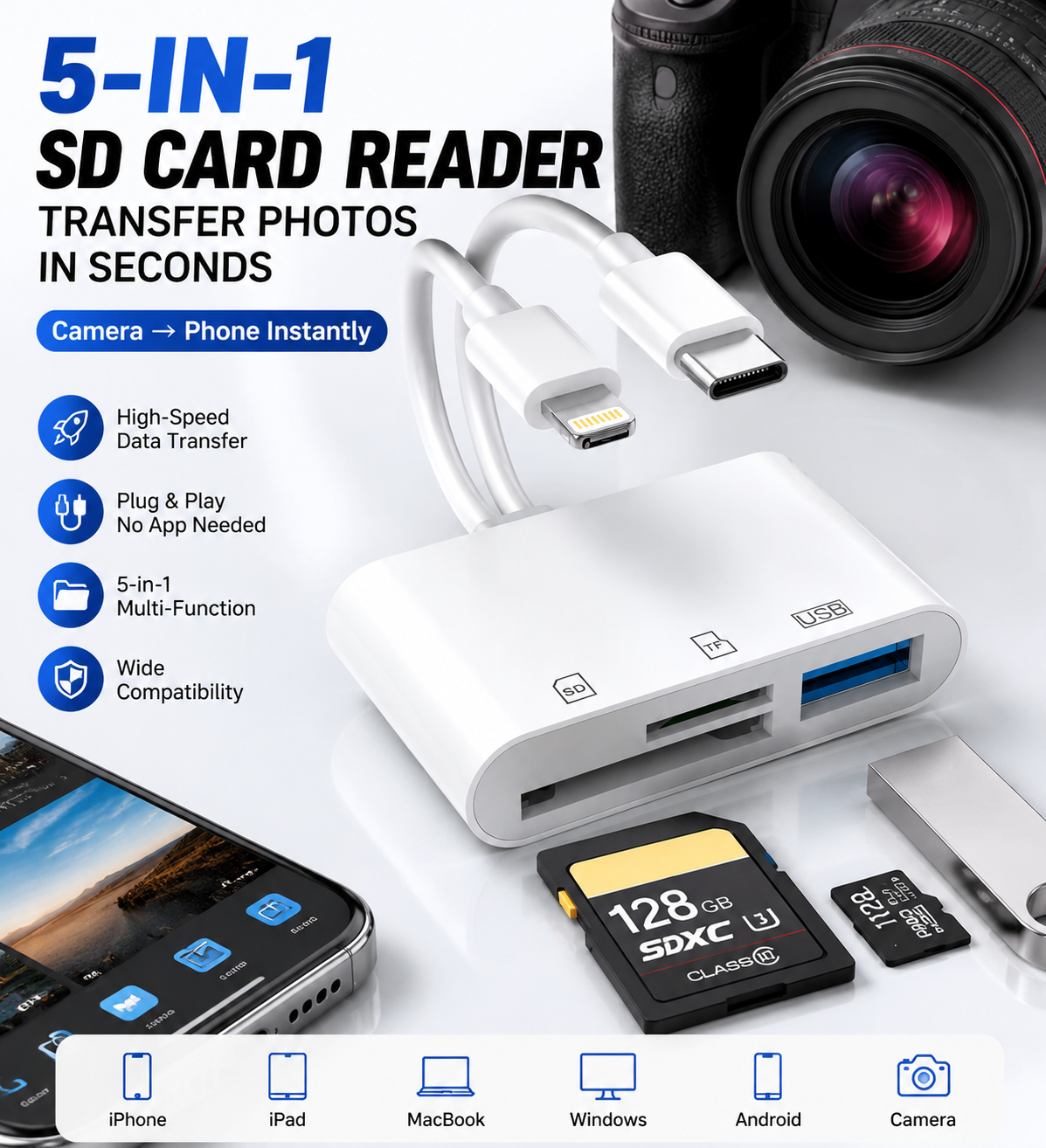 5-in-1 SD card reader with Lightning and USB-C connectors