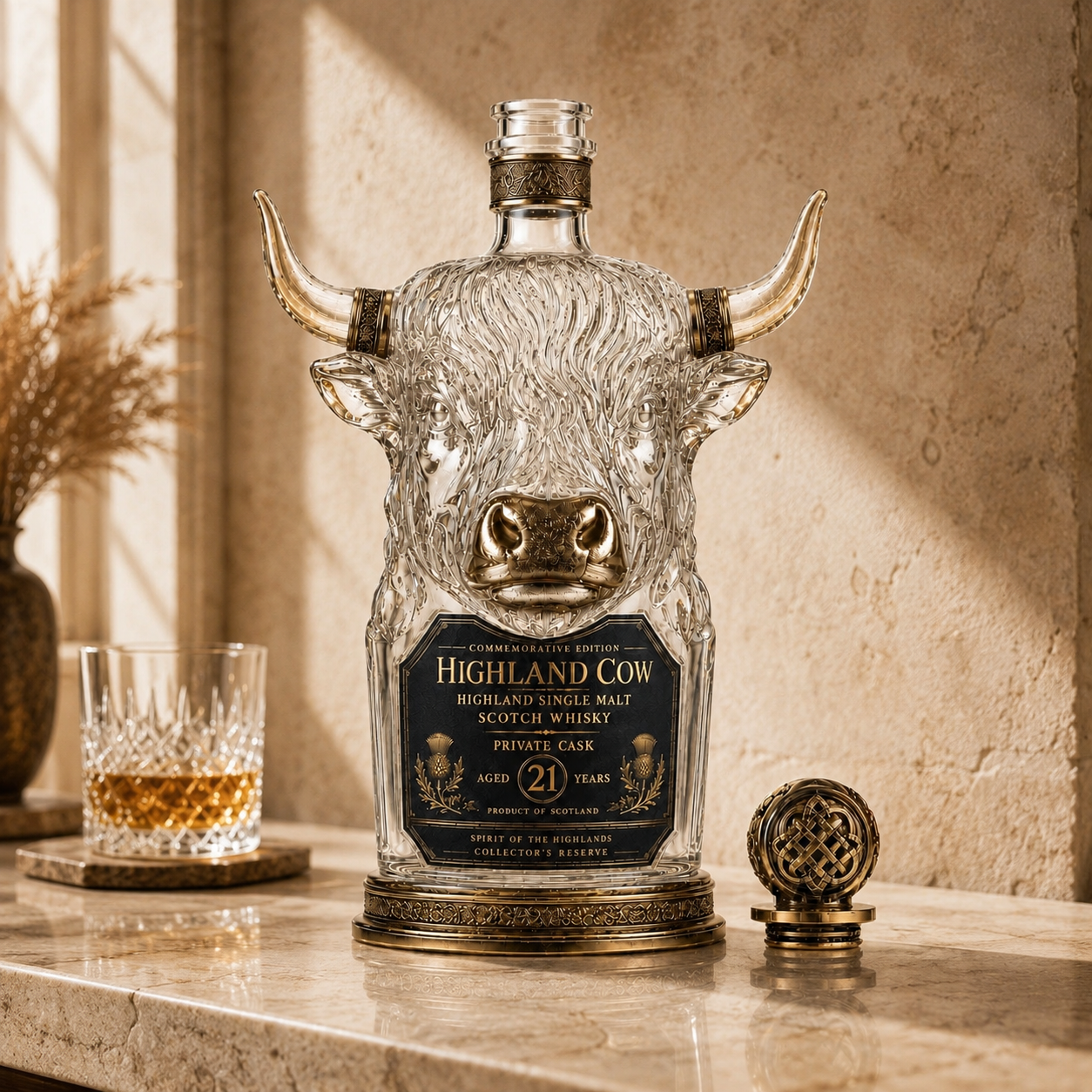 Highland Cow Private Cask 21 Years Cow Head Shaped Scotch Whisky Bottle