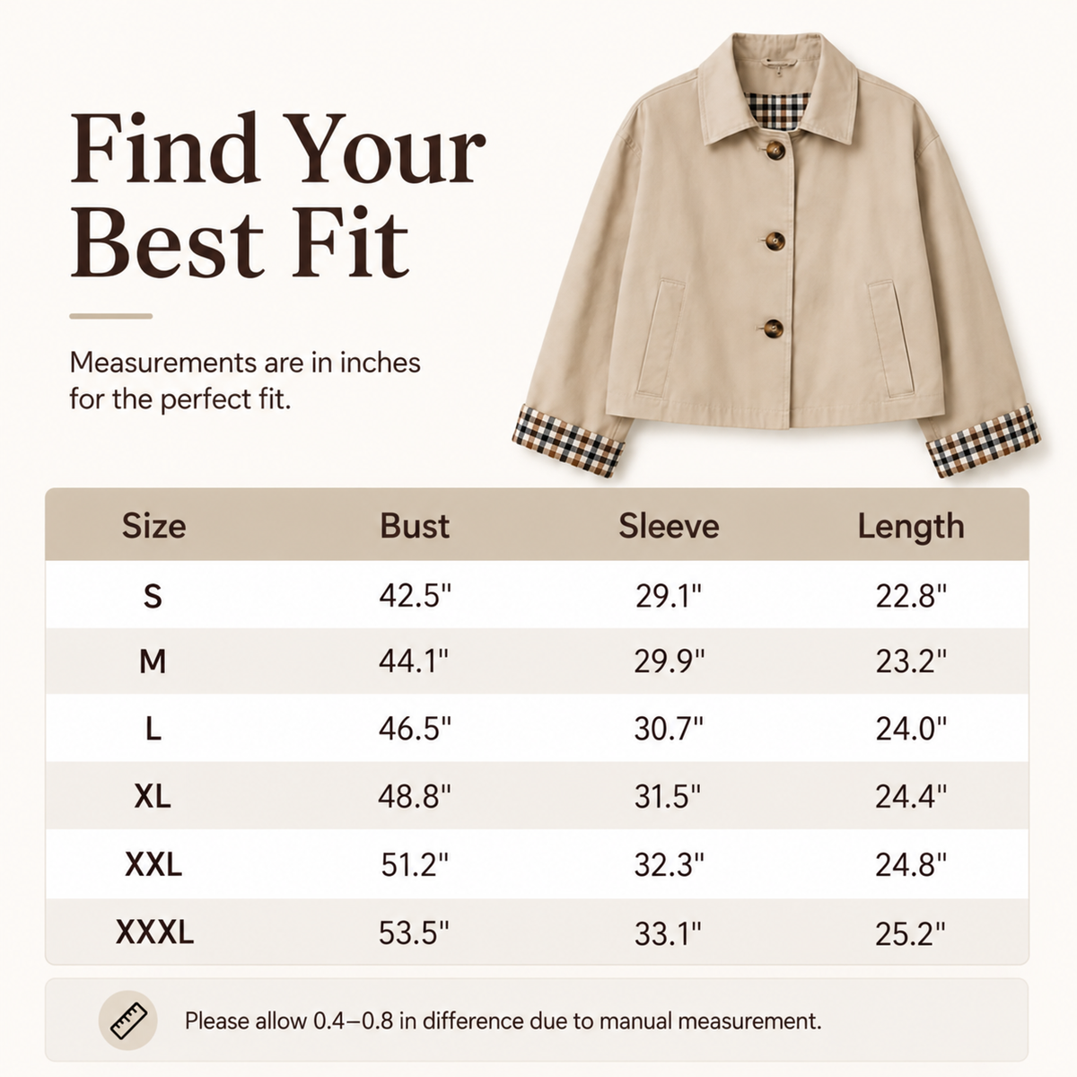 🧥 Classic Collar Cropped Jacket – Checkered Lining