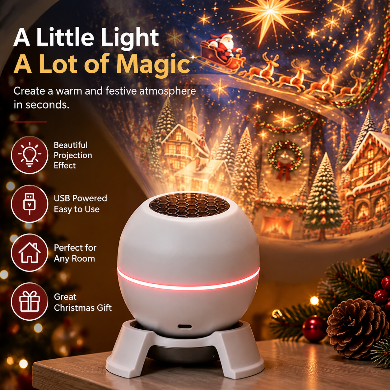 Compact USB powered Christmas projection night light