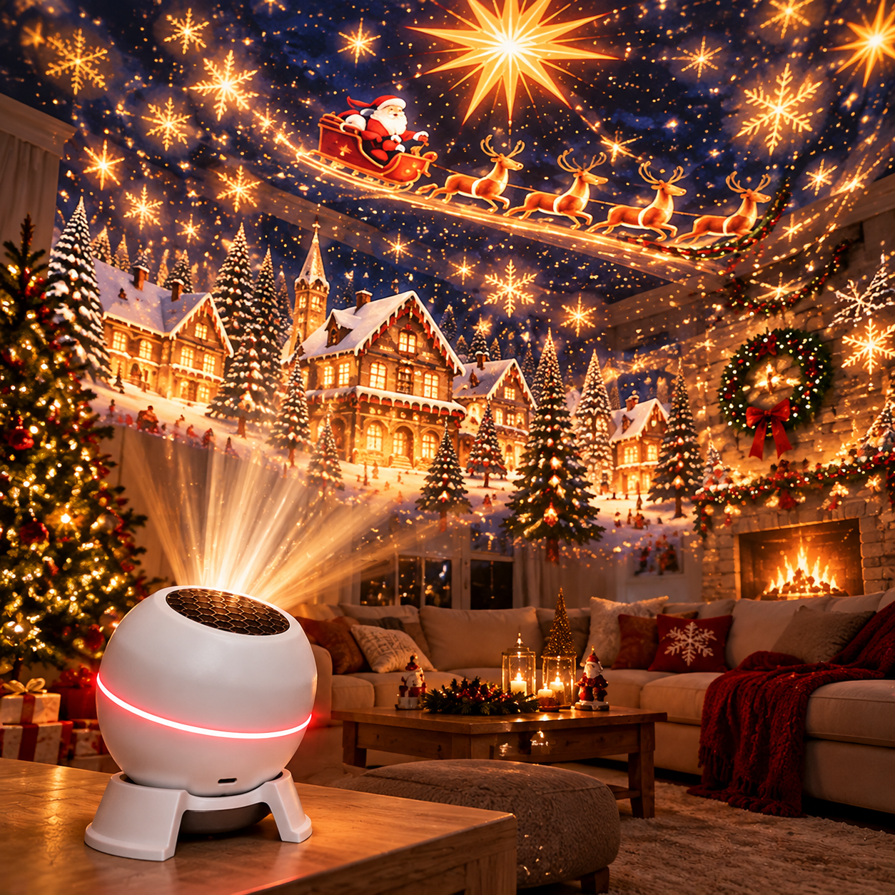 Christmas projection night light creating a festive room