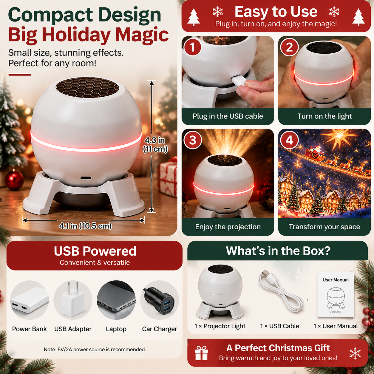 Christmas projector size setup USB power and package contents