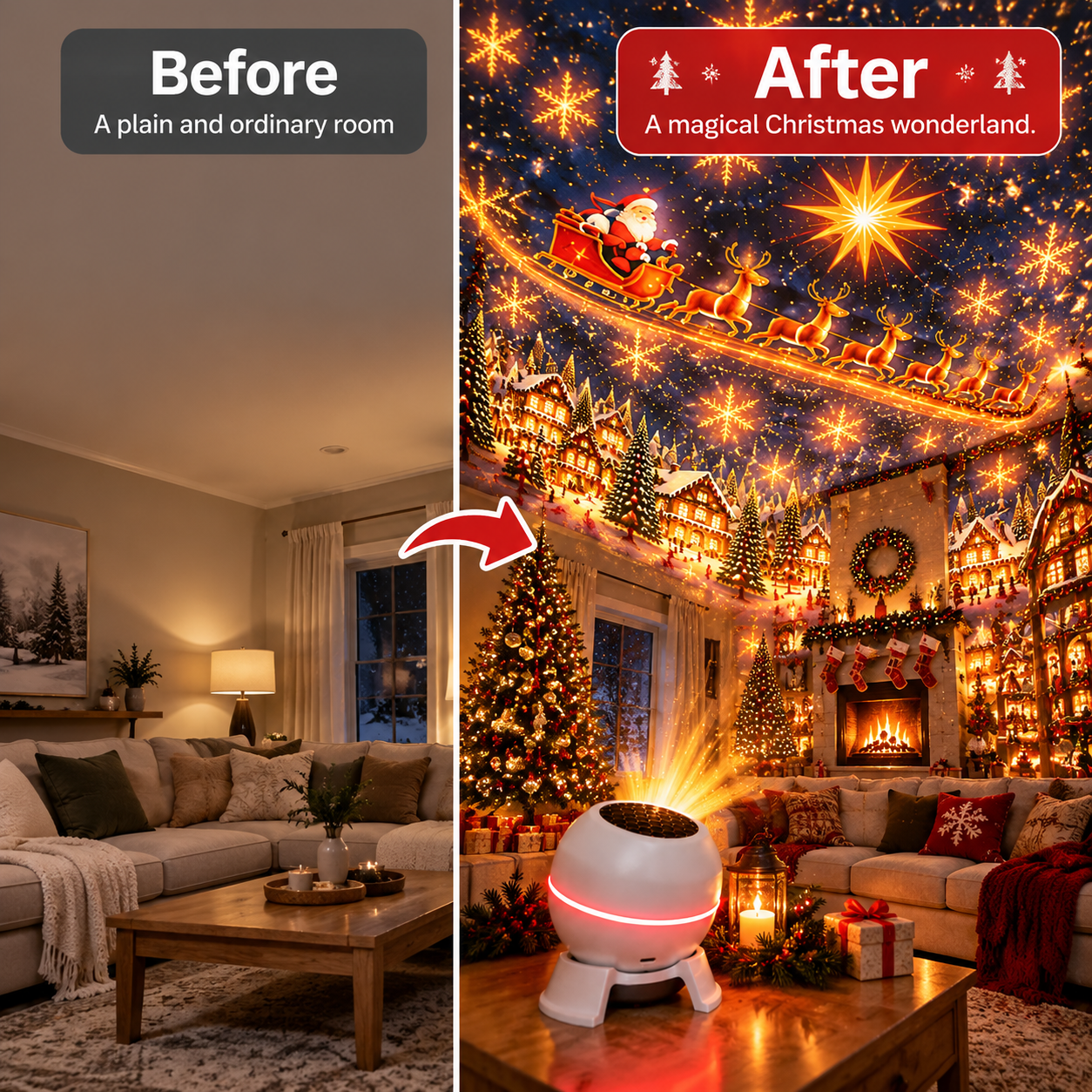 Before and after Christmas projection room transformation