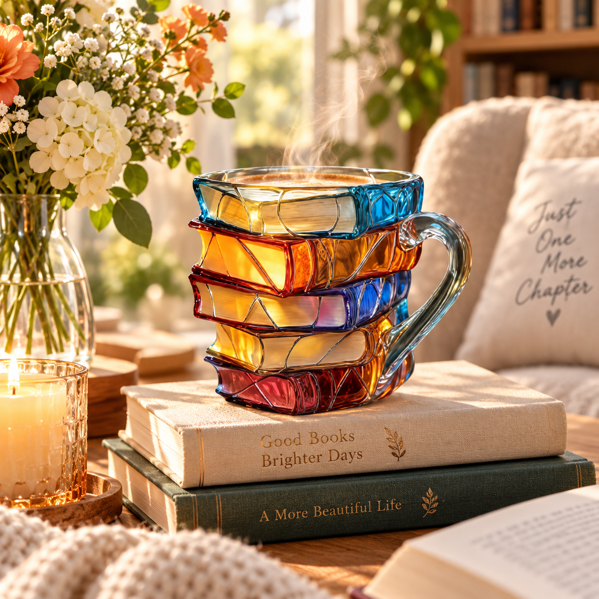 📚 Hand-Painted 3D Book Stack Glass Mug – Cozy Reader Gift☕