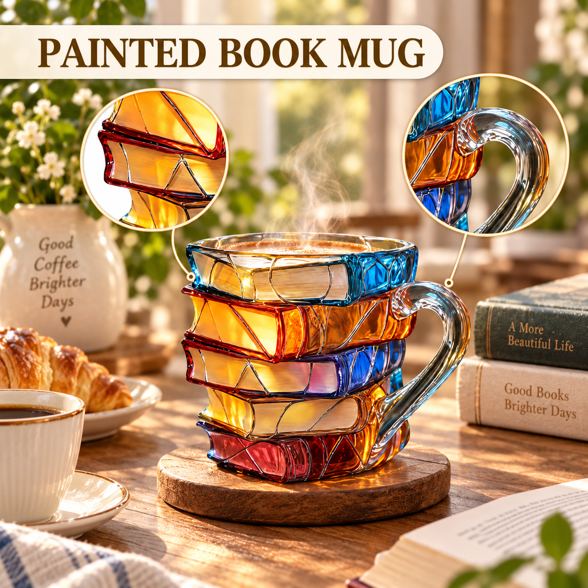 📚 Hand-Painted 3D Book Stack Glass Mug – Cozy Reader Gift☕