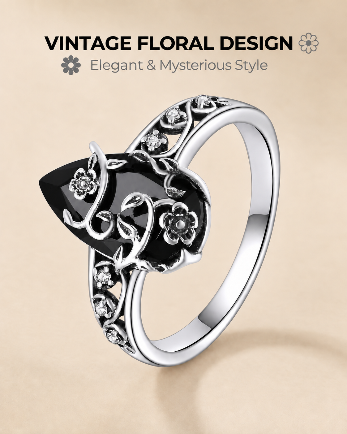 Vintage Floral Black Teardrop Ring