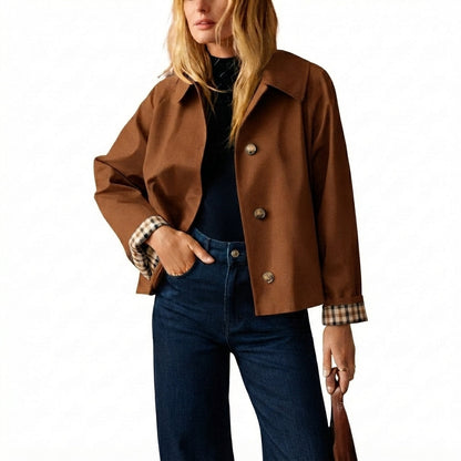 🧥 Classic Collar Cropped Jacket – Checkered Lining
