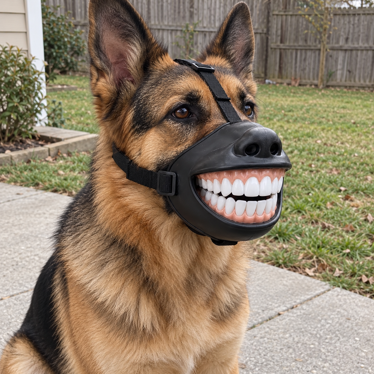 Close-up of a shepherd-type dog wearing the smile accessory.