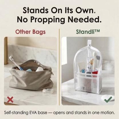 Ordinary toiletry bag compared with self-standing pouch