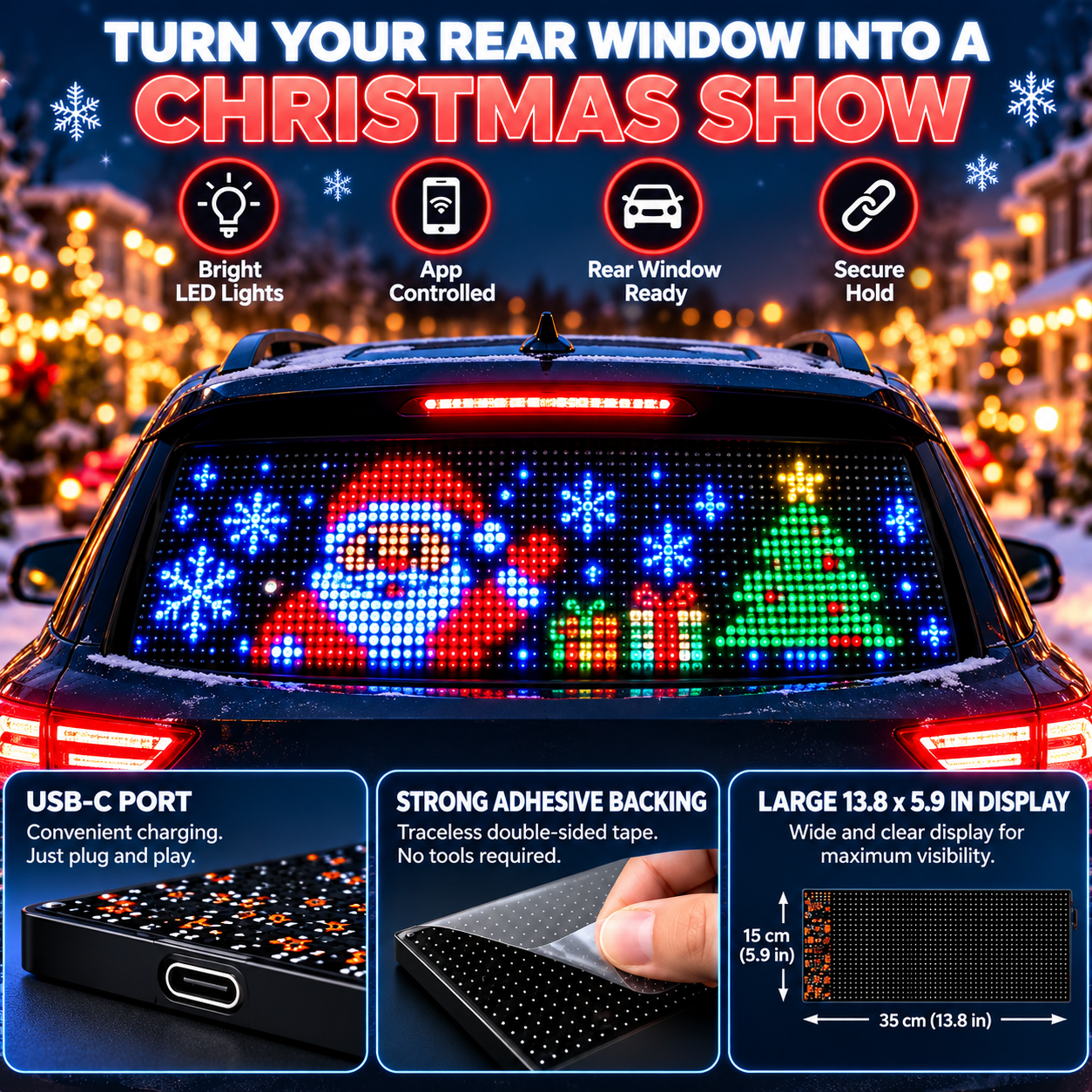 Smart LED pixel car display rear window installation features