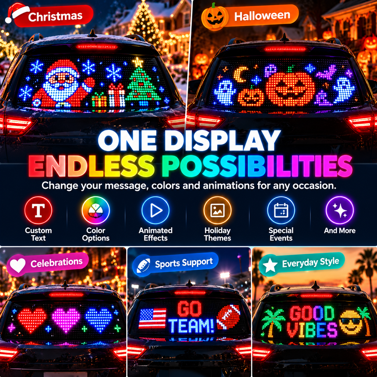 LED pixel display for Christmas Halloween celebrations sports and everyday use