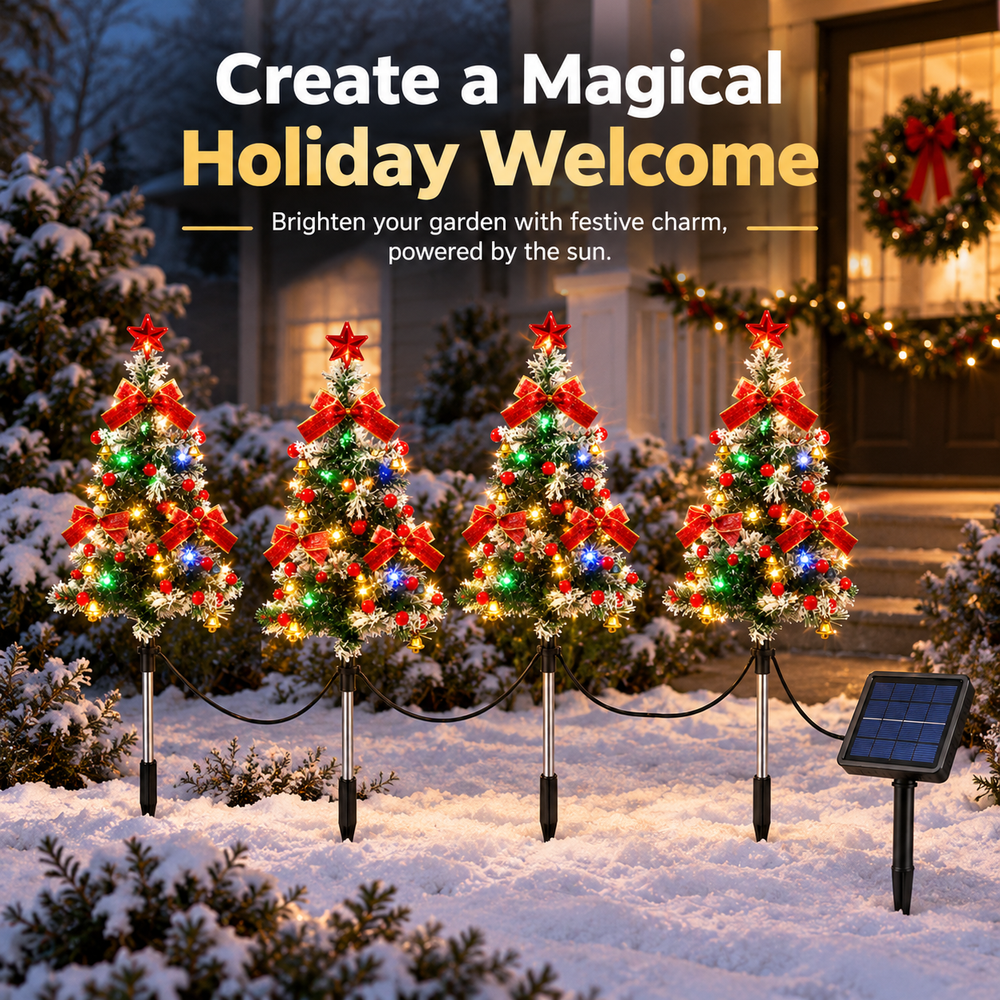 Decorated solar Christmas trees beside a festive front entrance