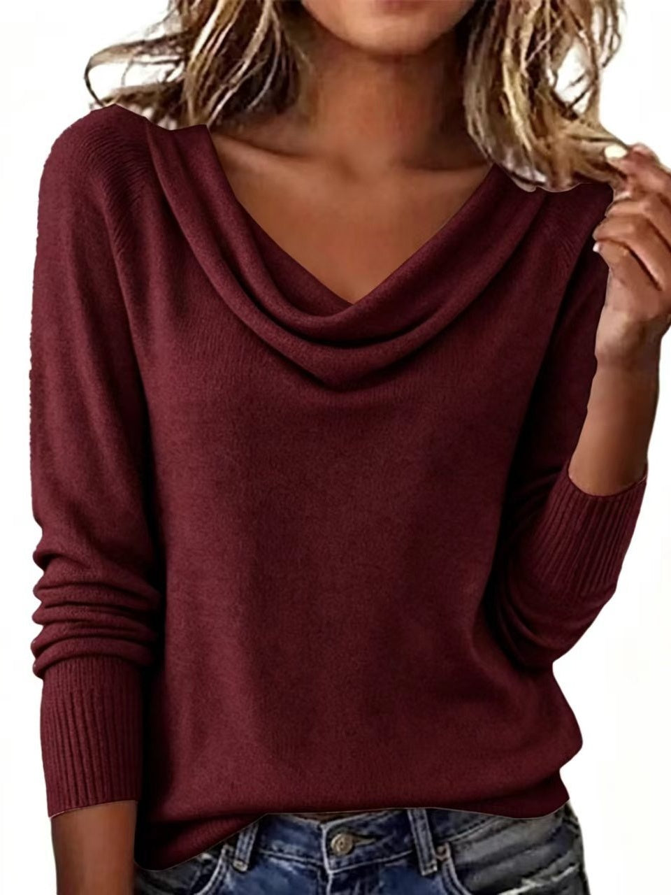 Women Cowl Neck Long Sleeve Knit Pullover Top