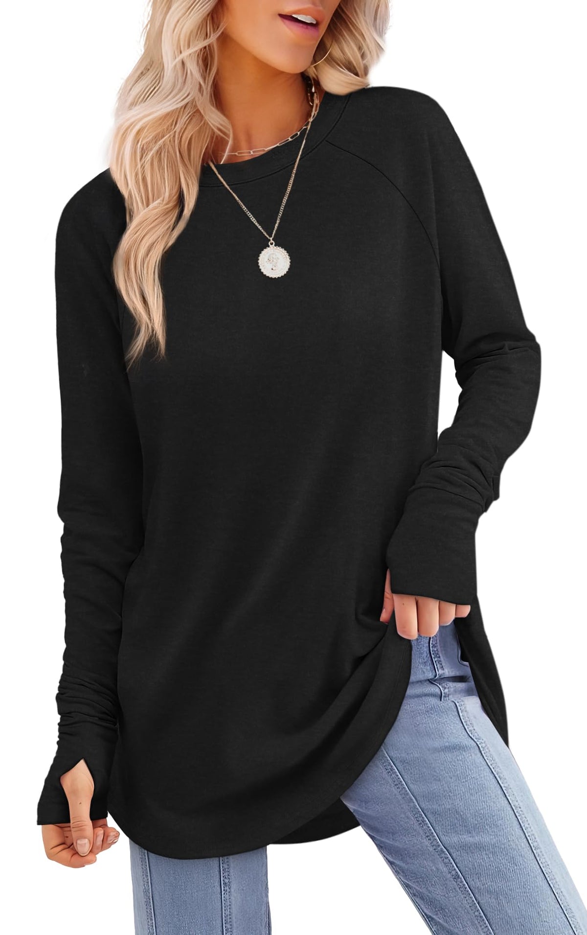 Womens Long Sleeve Thumb Hole Shirts Tunic Tops