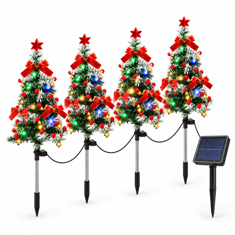 Christmas tree stakes connected by cable to a separate solar panel