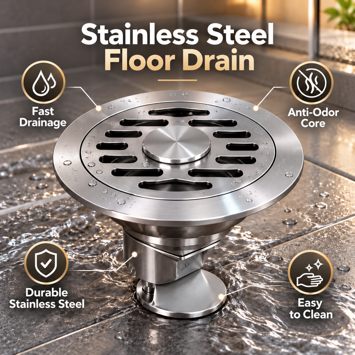 🚿 Stainless Steel Floor Drain with Odor-Blocking Core & Fast Drainage