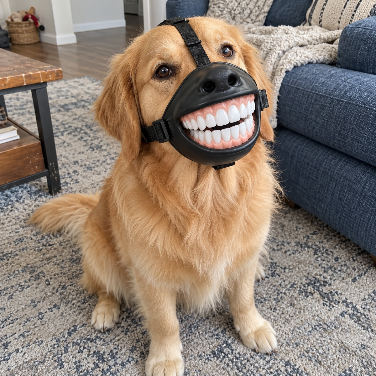 Golden dog wearing the smile accessory beside a blue sofa.