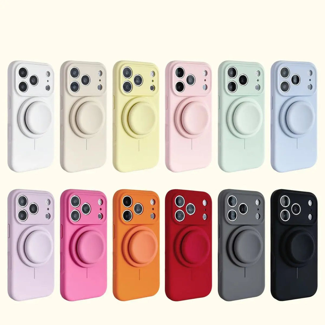 Collection of silicone phone cases with matching stands in pastel, bright, and neutral shades
