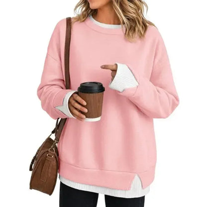 Women Crew Neck Fake Two Piece Striped Patchwork Drop Shoulder Oversized Sweatshirt