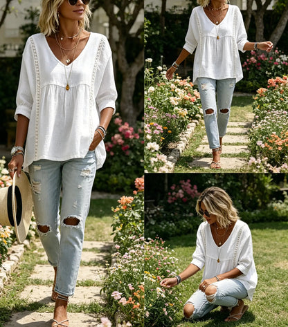 Women's Chic Loose-Fit V-Neck Lace Blouse