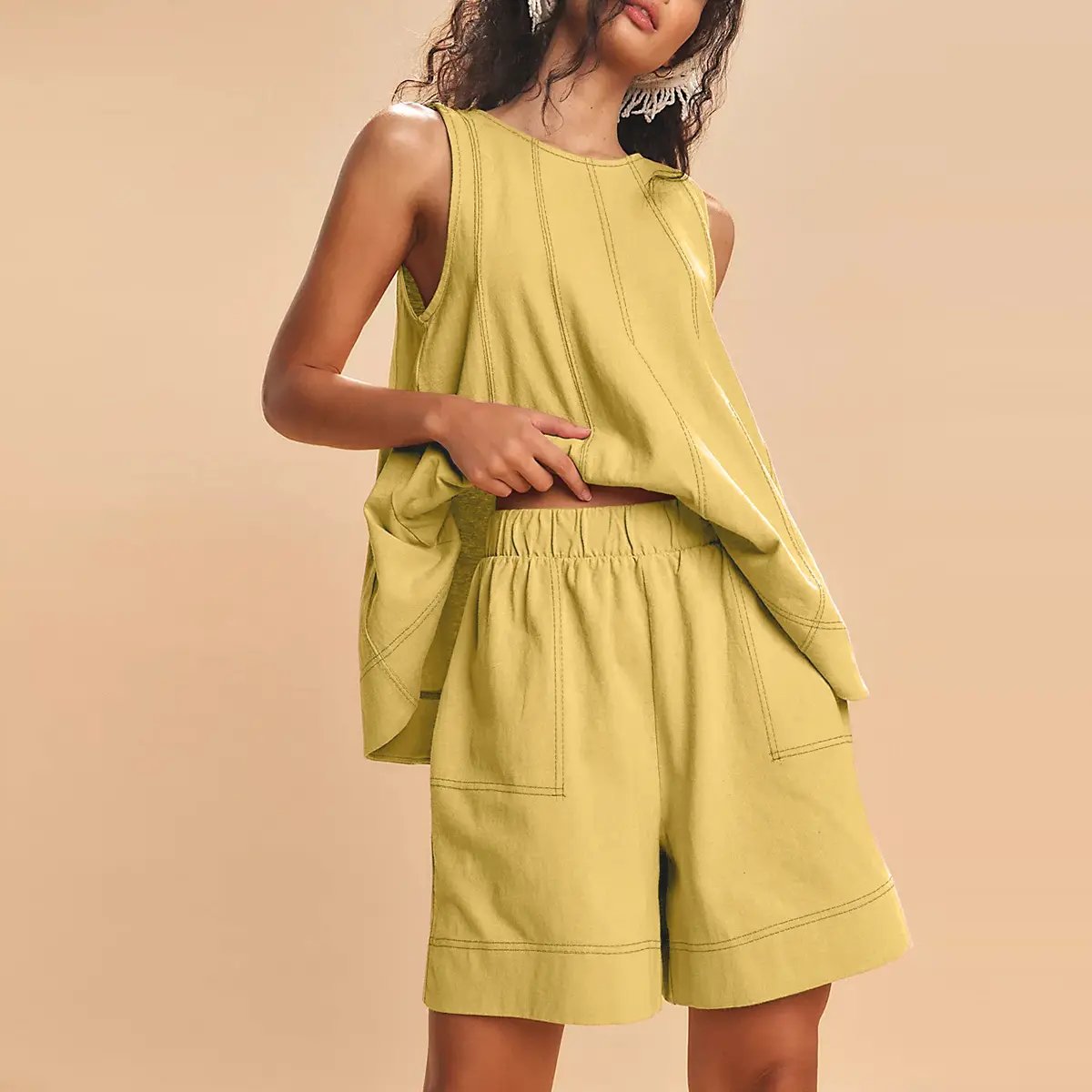 Women's 2 Piece Outfits Sleeveless Matching Sets A Line Tank Tops Contrast Stitching High Waist Shorts with Pockets, 2 Piece Sets, Women 2 Piece Sets,summerwins