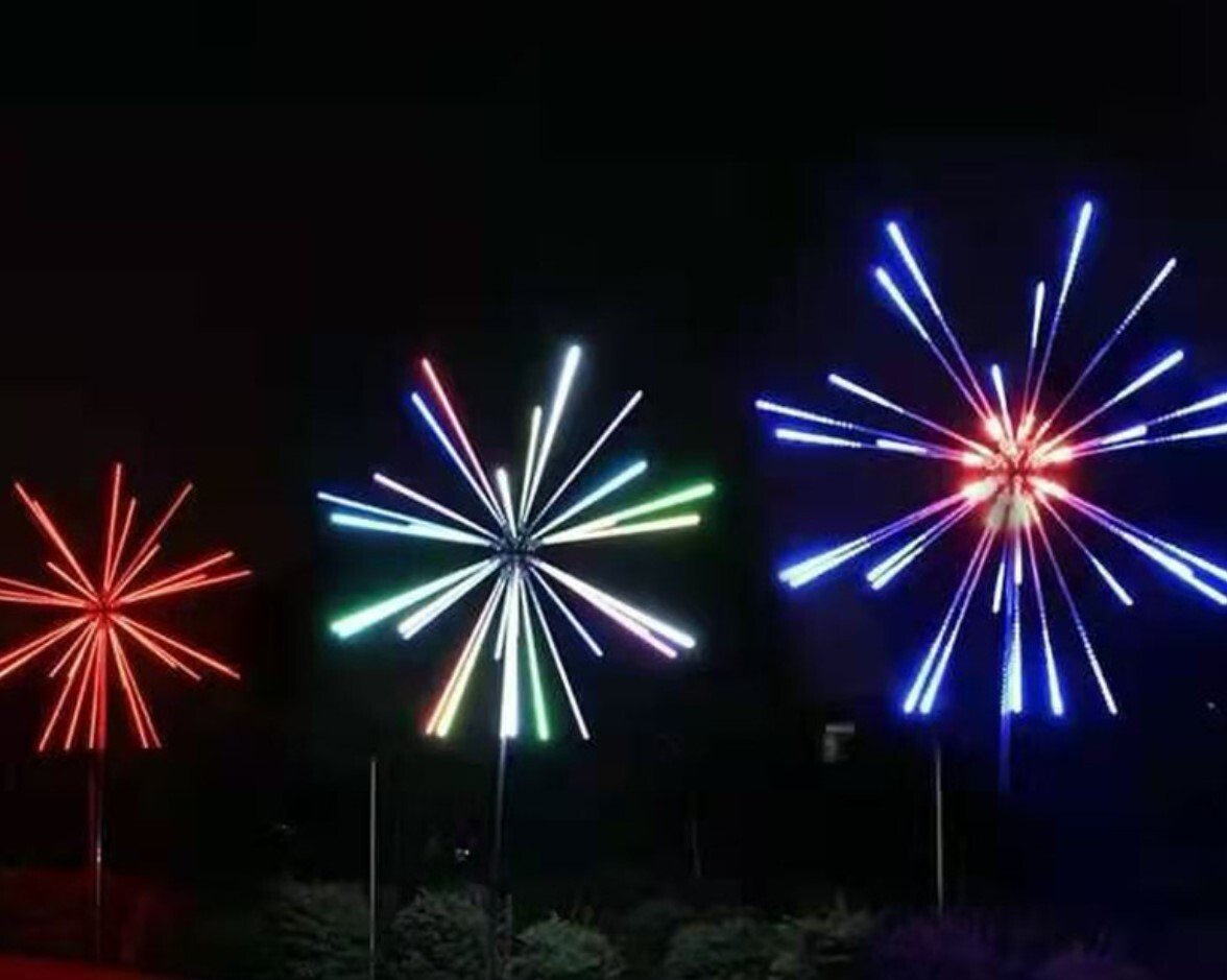 Multiple fireworks LED lights showing different color effects