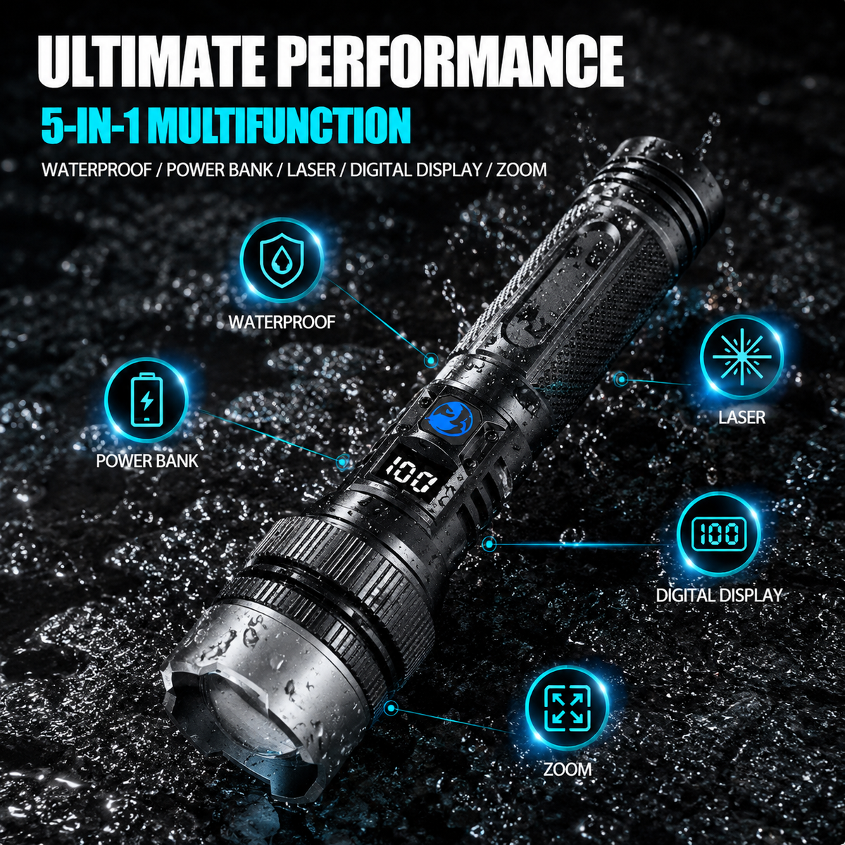 🔦 High-Power Rechargeable Zoom Flashlight – 2000LM, Power Bank & Digital Battery Display