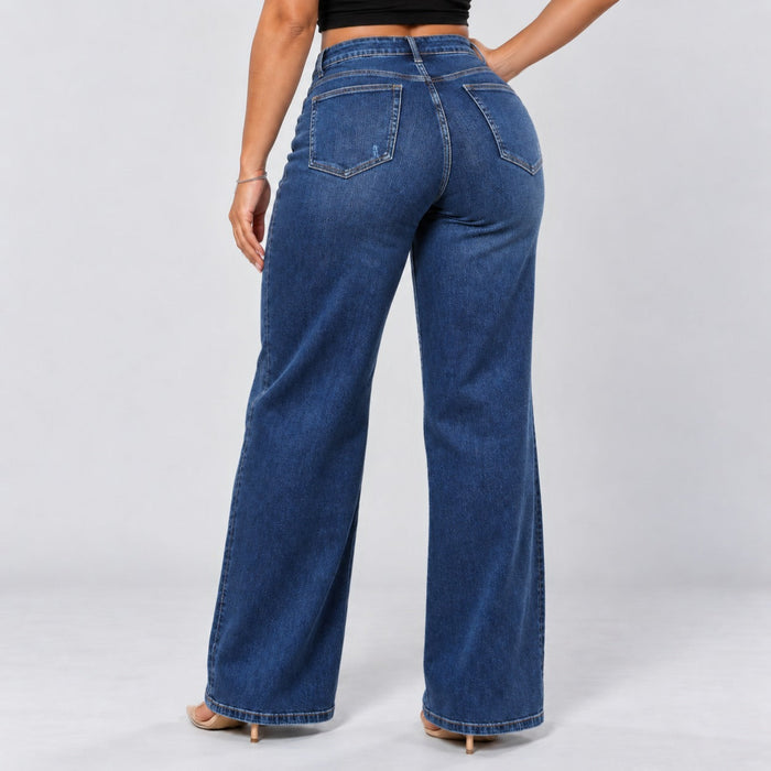 Dark blue wide-leg jeans from behind showing the fit through the hips