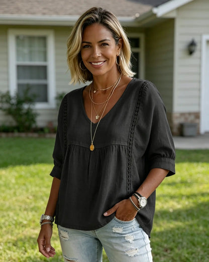 Women's Chic Loose-Fit V-Neck Lace Blouse