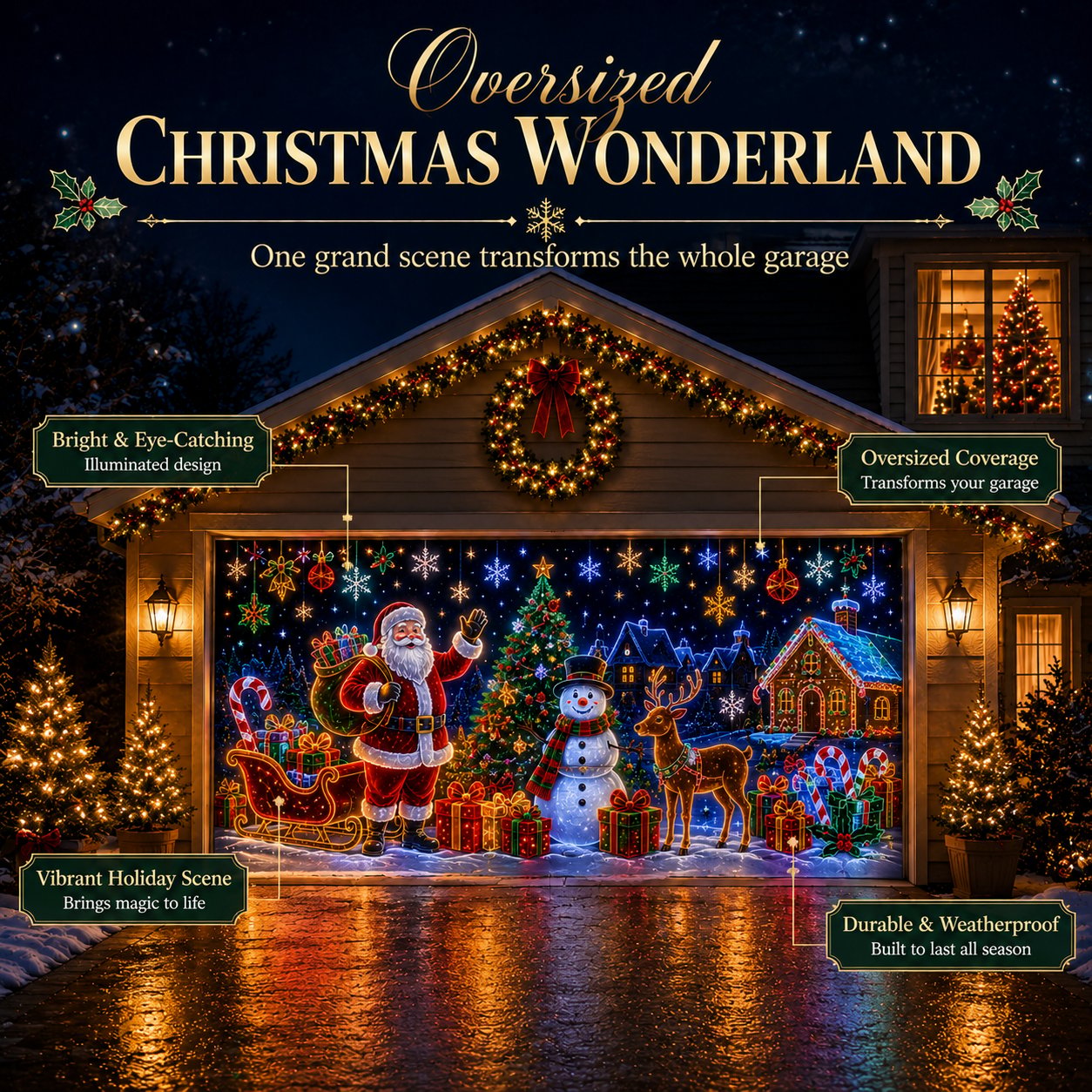 ⏳ Last Day 49% OFF – 🎄Oversized Christmas Wonderland Garage Door Cover | Neon-Inspired Santa Village Artwork with Snowman, Reindeer, Tree & Gingerbread House Details ✨