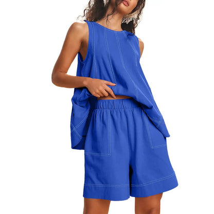 Women's 2 Piece Outfits Sleeveless Matching Sets A Line Tank Tops Contrast Stitching High Waist Shorts with Pockets, 2 Piece Sets, Women 2 Piece Sets,summerwins