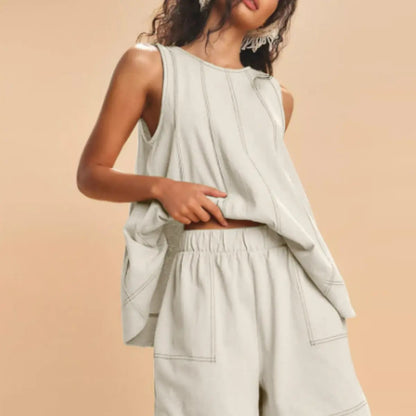 Women's 2 Piece Outfits Sleeveless Matching Sets A Line Tank Tops Contrast Stitching High Waist Shorts with Pockets, 2 Piece Sets, Women 2 Piece Sets,summerwins