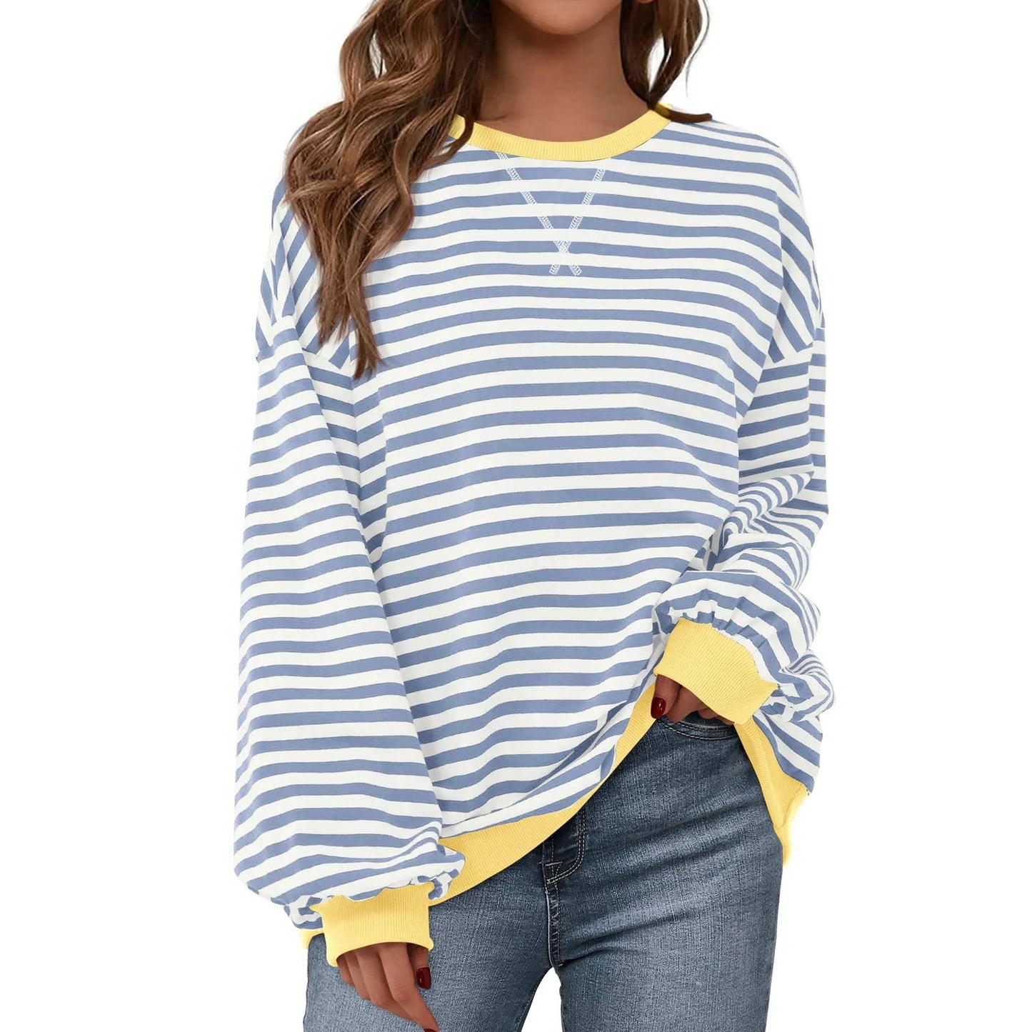 💗Women's Striped Hoodie Sweatshirt with Long Lantern Sleeves