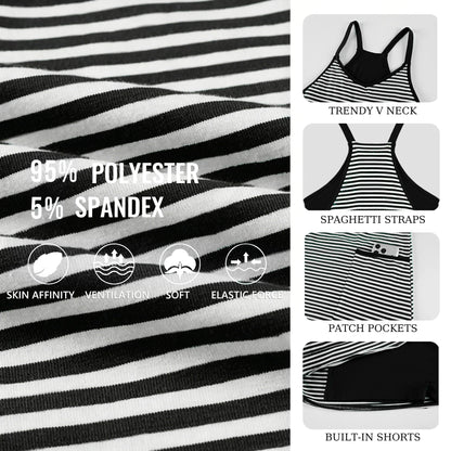 Women's Summer Sleeveles Striped Mini Dress with Built-in Shorts V Neck