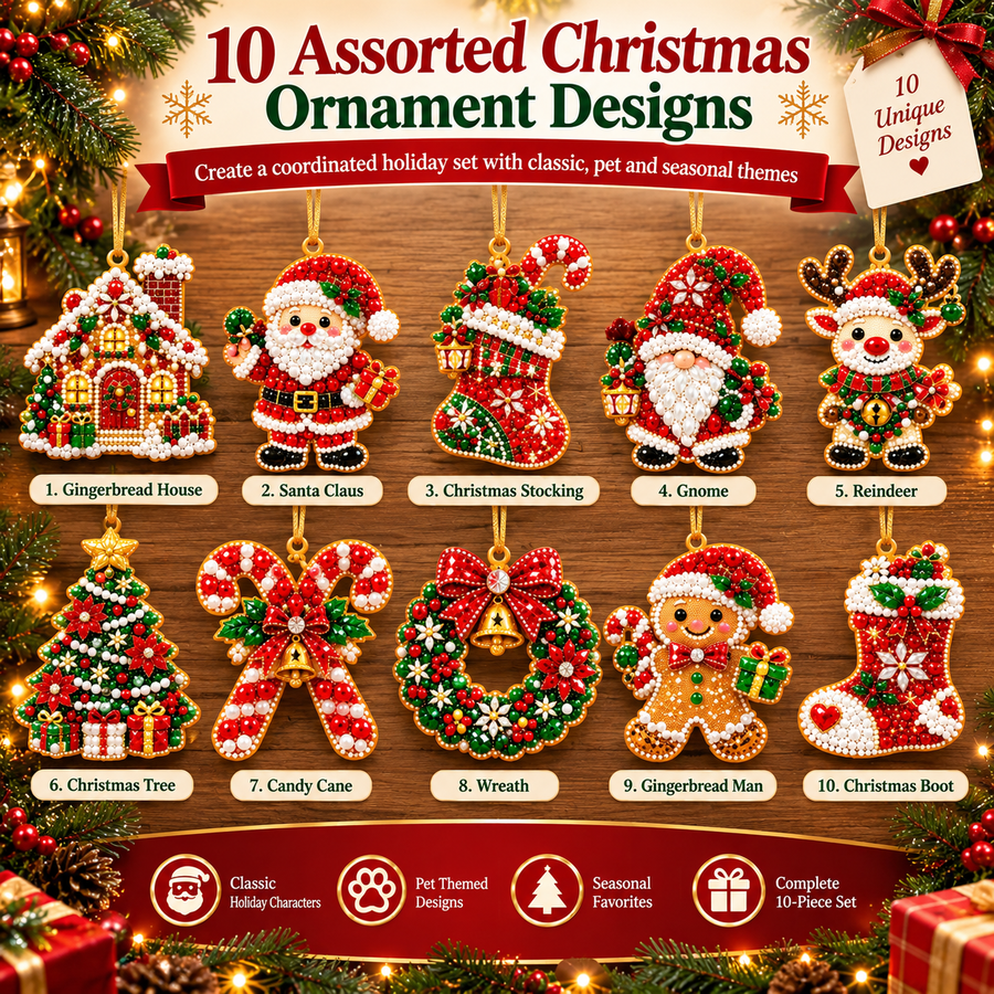 Ten festive Christmas ornament craft designs displayed together