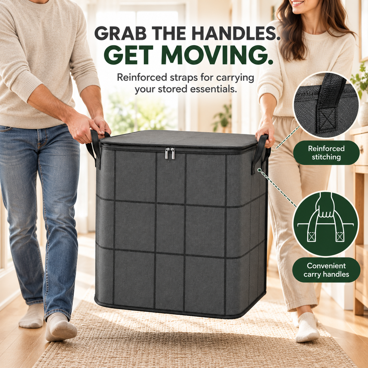 Large Zippered Reinforced Foldable Fabric Organizer Bin