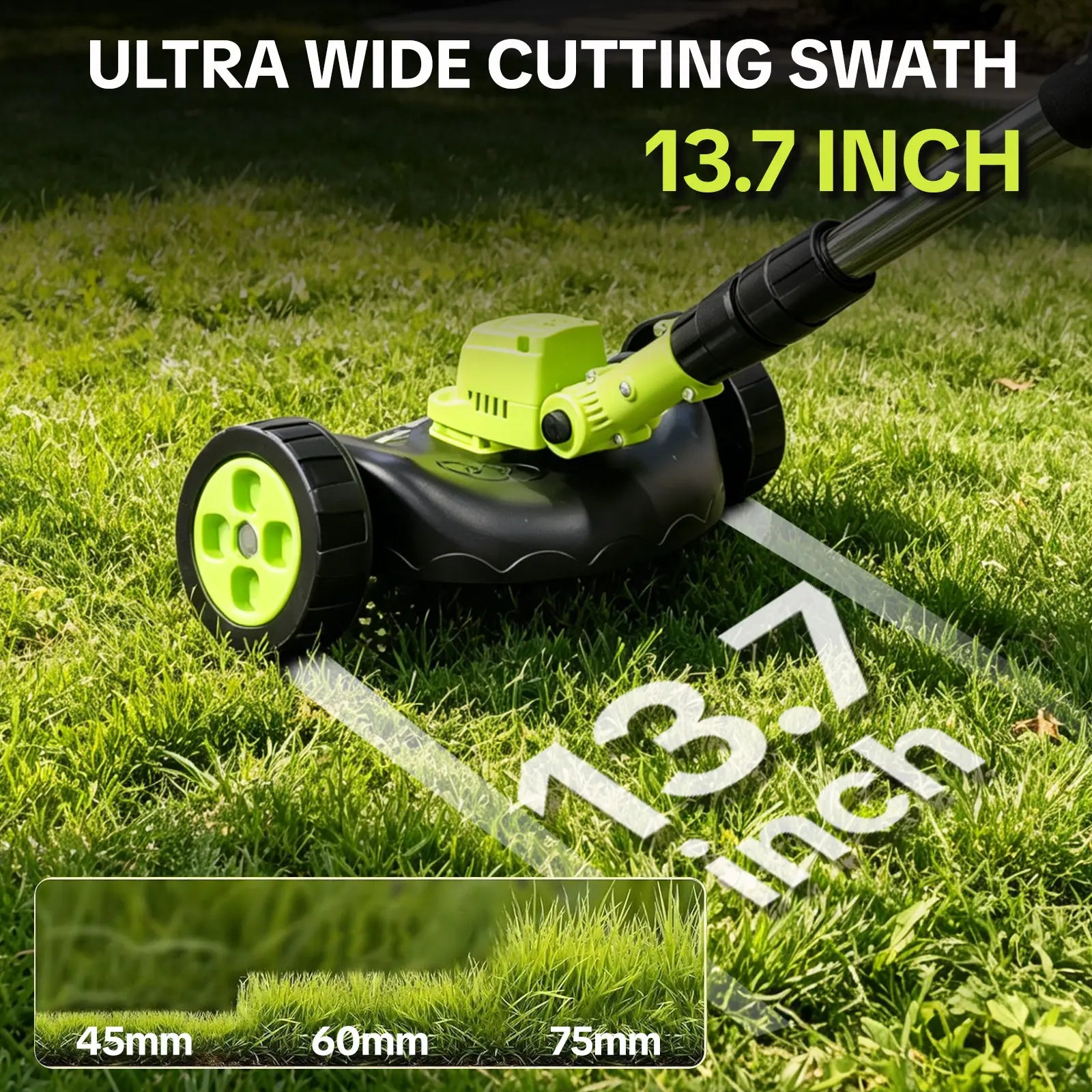Cordless yard trimmer finishing a clean lawn edge