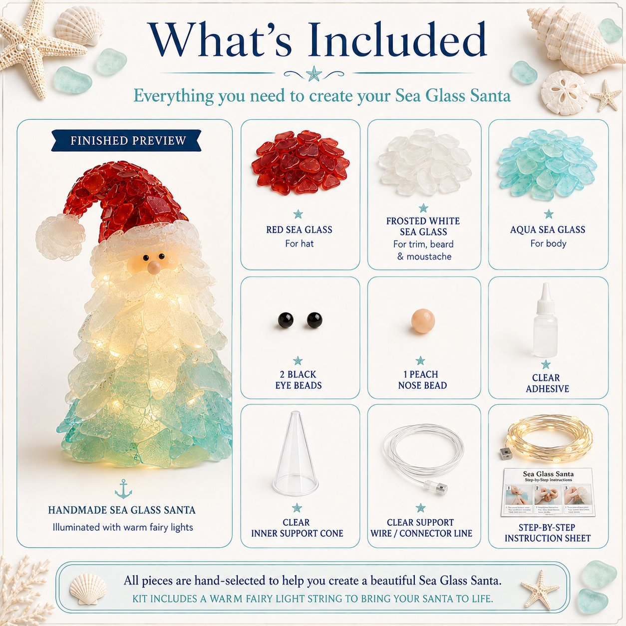 🔥Last Day 49% OFF – 🎅 Beginner-Friendly DIY Lighted Sea Glass Santa Christmas Decor Kit