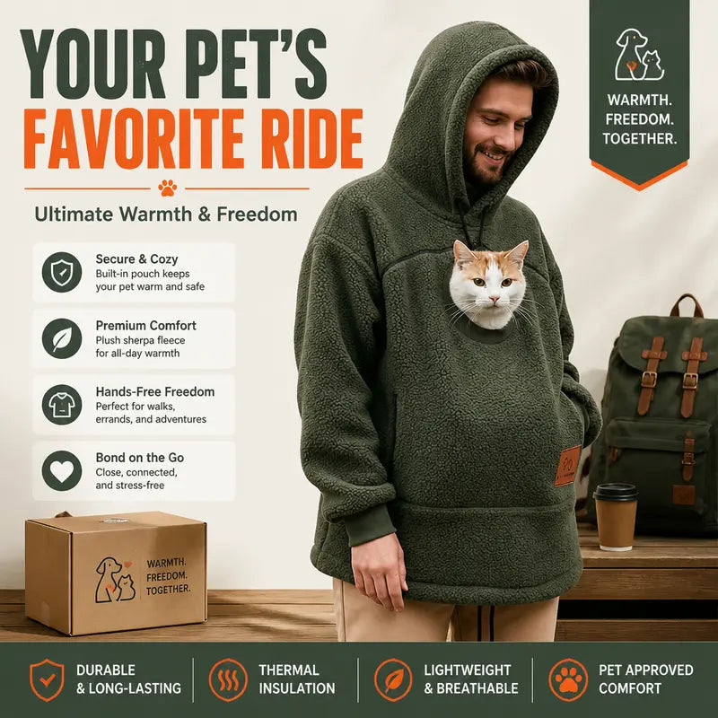 Sherpa pet carrier hoodie lifestyle