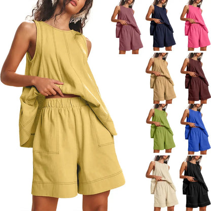 Women's 2 Piece Outfits Sleeveless Matching Sets A Line Tank Tops Contrast Stitching High Waist Shorts with Pockets, 2 Piece Sets, Women 2 Piece Sets,summerwins