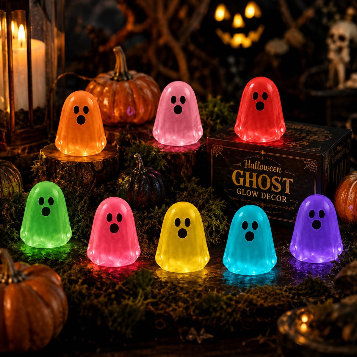 Colorful miniature glow-in-the-dark Halloween ghost decorations