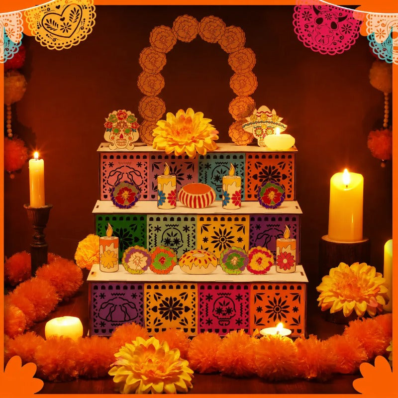 Flat wooden candle, marigold, skull, and bread inserts