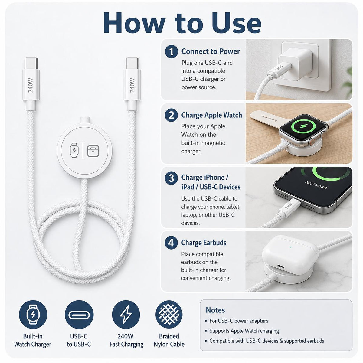 ⚡ 240W 3-in-1 USB-C Travel Charger – Portable Magnetic Watch Charger with 5FT Braided Fast Charging Cable for iPhone, Apple Watch, AirPods, Laptops & Samsung