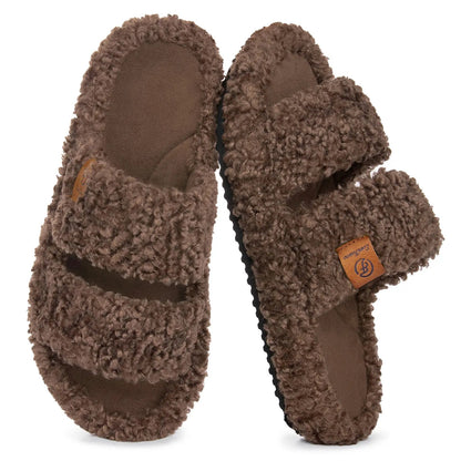 Women's Fuzzy Open-Toe Slippers – Stylish Classic Slides with Soft Memory Foam, Non-Slip Rubber Sole, Perfect Cozy Footwear ,Girl Fur Flipflop Walking Shoes Fluffy Modern Sleeper Slip On Clog
